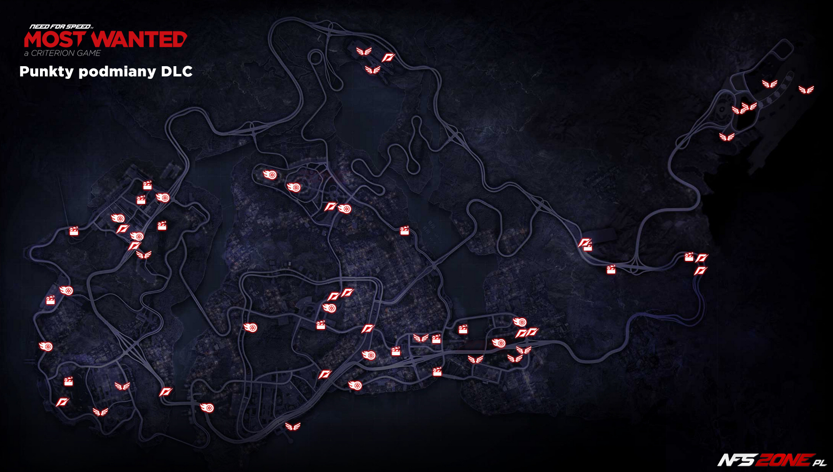 NFS - Need for Speed Most Wanted (2012) - mapa samochodów - punkty podmiany Fairhaven DLC - Cars Jack Spots Map DLC - Pakiet największej prędkości - Ultimate Speed, Pakiet prędkości granicznej - Terminal Velocity, Pakiet bohaterów NFS - NFS Heroes, Pakiet legend kina - Movie Legends NFS - Need for Speed Most Wanted (2012) - mapa samochodów - punkty podmiany Fairhaven DLC - Cars Jack Spots Map DLC - Pakiet największej prędkości - Ultimate Speed, Pakiet prędkości granicznej - Terminal Velocity, Pakiet bohaterów NFS - NFS Heroes, Pakiet legend kina - Movie Legends