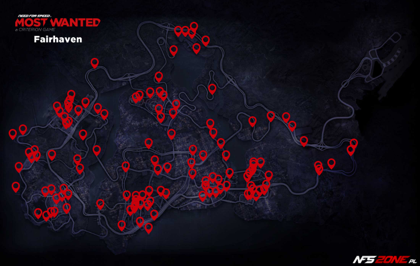 NFS - Need for Speed Most Wanted (2012) - mapa samochodów - punkty podmiany Fairhaven - Car Jack Spots Map NFS - Need for Speed Most Wanted (2012) - mapa samochodów - punkty podmiany Fairhaven - Car Jack Spots Map